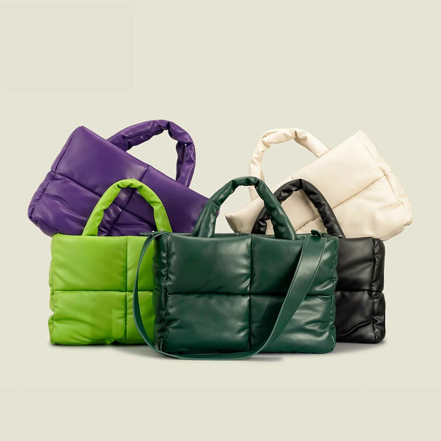 Sacola de couro acolchoada para mulheres, bolsas acolchoadas, luxuosas bolsas de ombro PU macias, bolsa de inverno de algodão, moda designer, grande, 2024