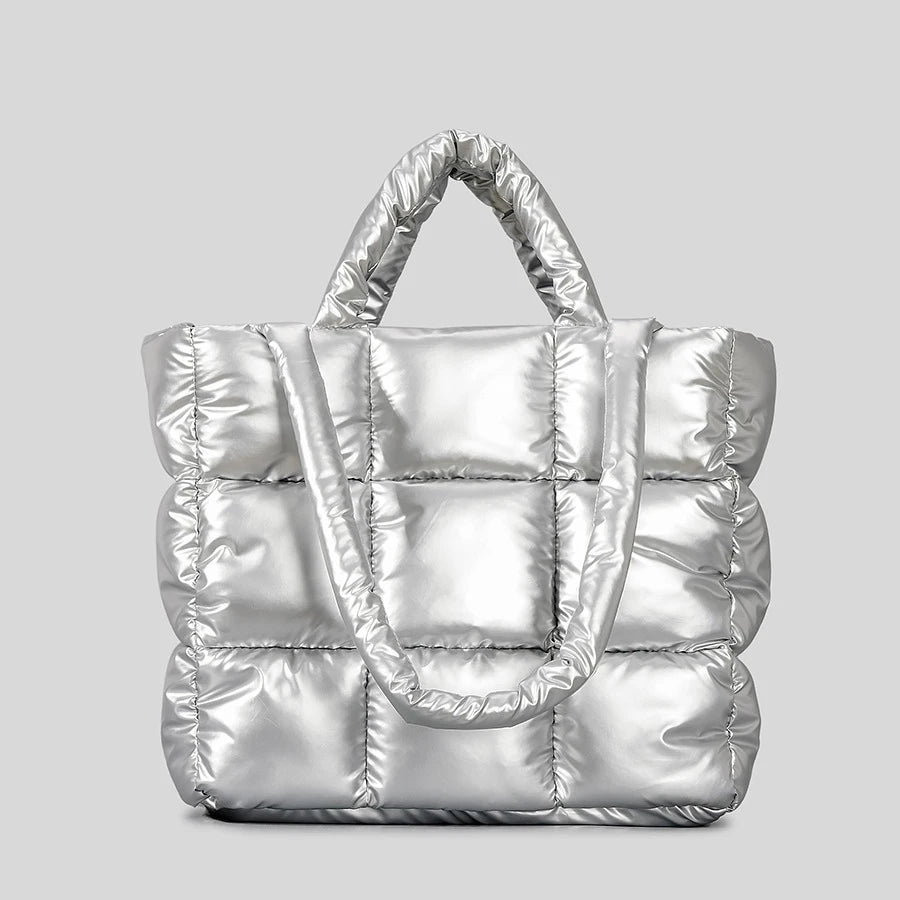 Sacola acolchoada xadrez para mulheres, bolsas inchadas macias, bolsas de ombro de algodão de nylon de luxo, bolsa de inverno quente