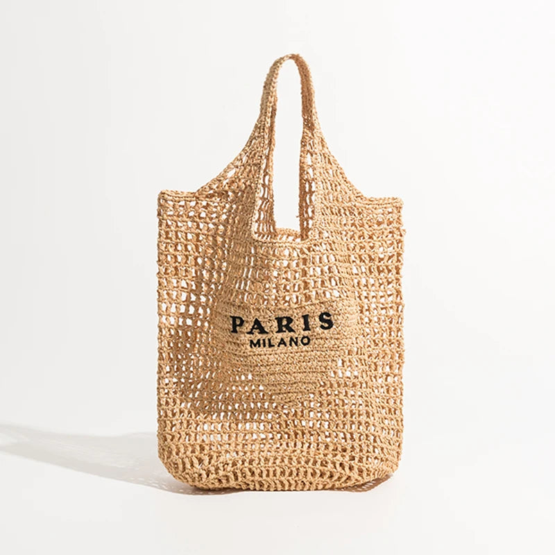 Bolsa de palha de capacidade casual de Raffia para mulheres, grande, entranhada, design de luxo, oca, praia, férias, verão