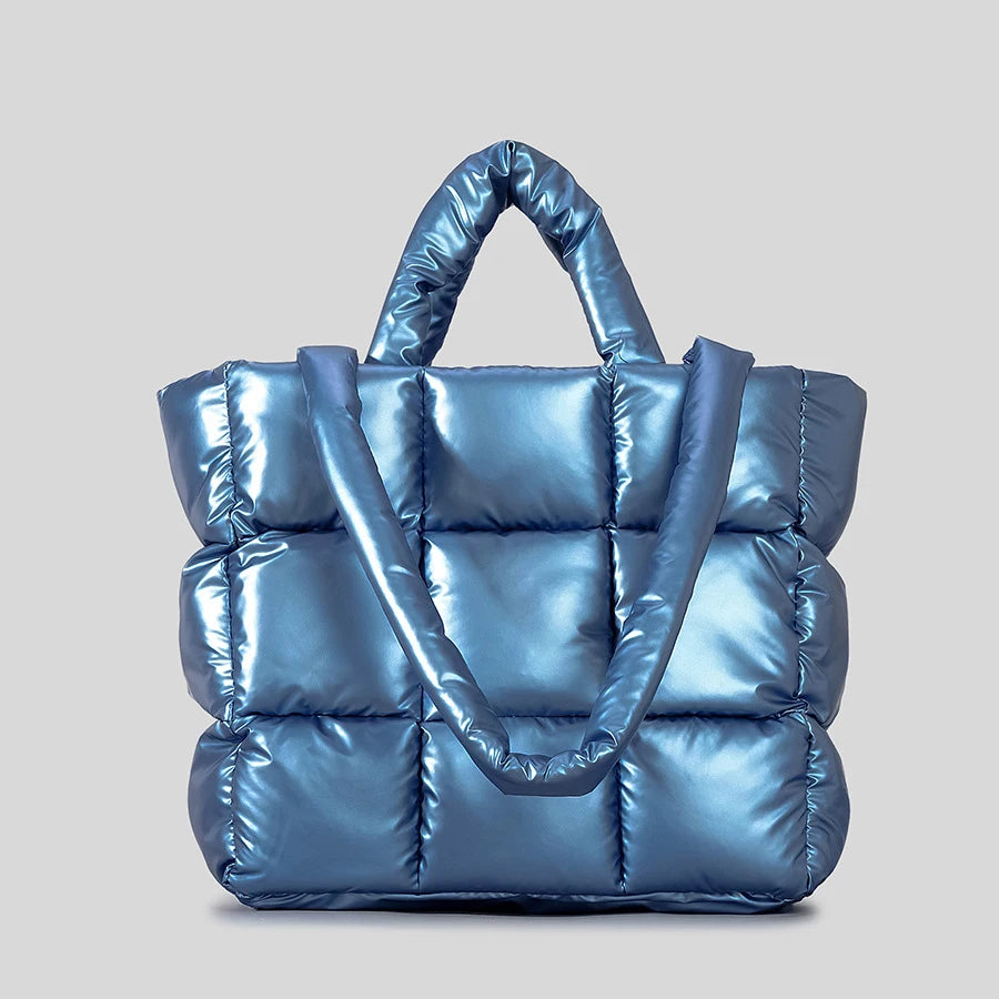 Sacola acolchoada xadrez para mulheres, bolsas inchadas macias, bolsas de ombro de algodão de nylon de luxo, bolsa de inverno quente