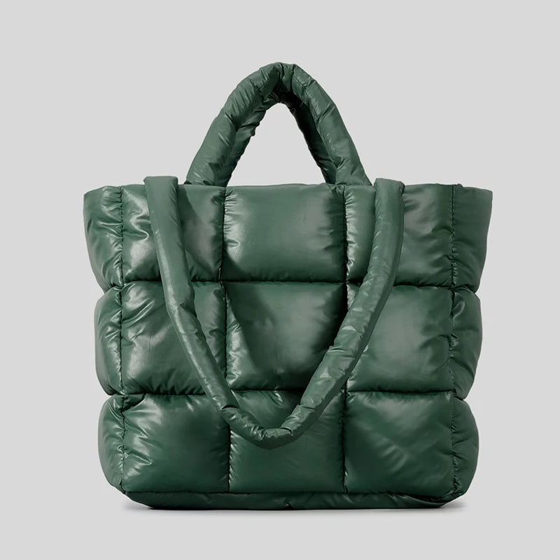 Sacola acolchoada xadrez para mulheres, bolsas inchadas macias, bolsas de ombro de algodão de nylon de luxo, bolsa de inverno quente