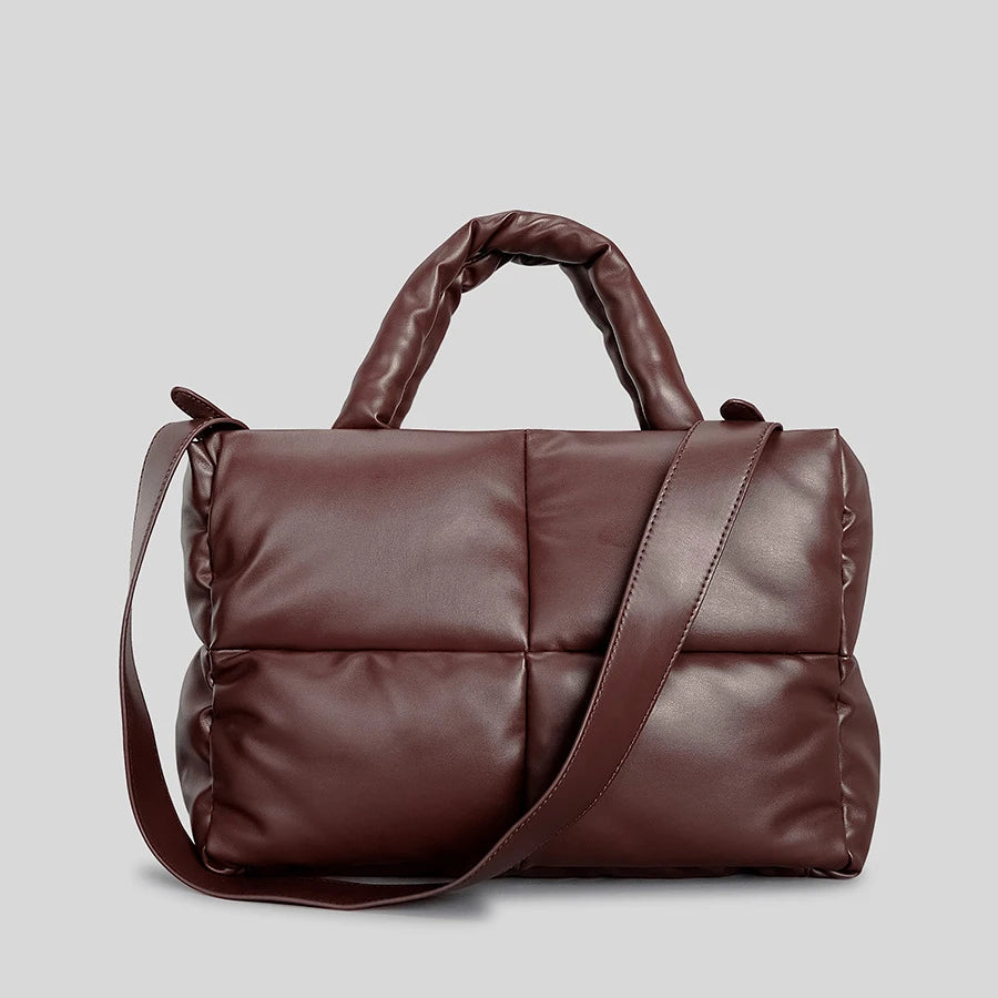 Sacola de couro acolchoada para mulheres, bolsas acolchoadas, luxuosas bolsas de ombro PU macias, bolsa de inverno de algodão, moda designer, grande, 2024