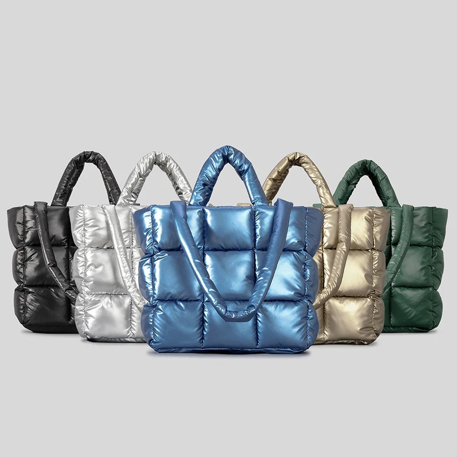 Sacola acolchoada xadrez para mulheres, bolsas inchadas macias, bolsas de ombro de algodão de nylon de luxo, bolsa de inverno quente
