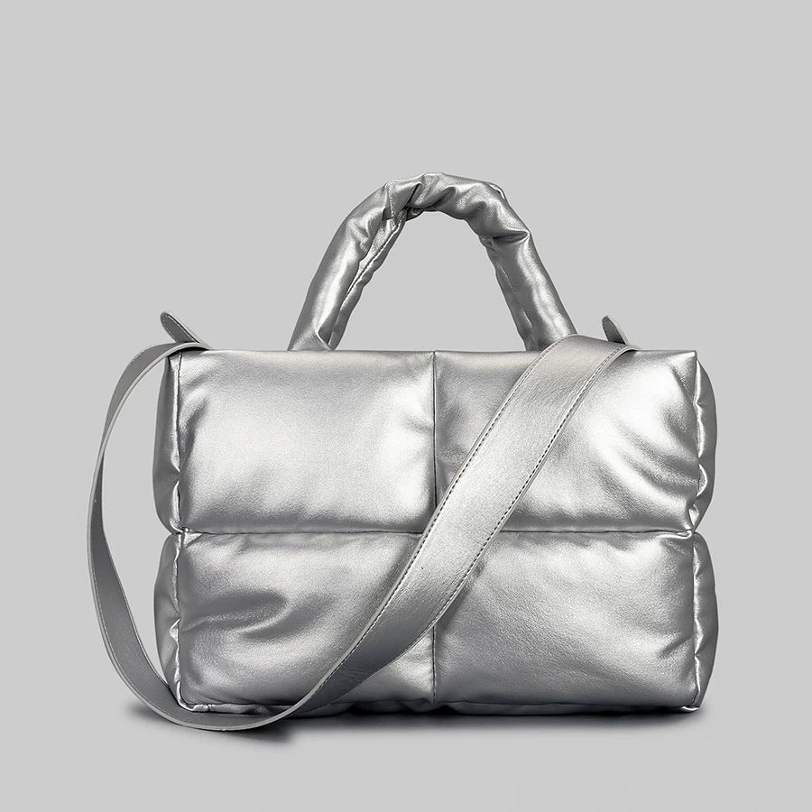 Sacola de couro acolchoada para mulheres, bolsas acolchoadas, luxuosas bolsas de ombro PU macias, bolsa de inverno de algodão, moda designer, grande, 2024