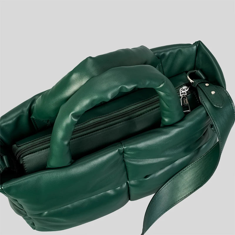Sacola de couro acolchoada para mulheres, bolsas acolchoadas, luxuosas bolsas de ombro PU macias, bolsa de inverno de algodão, moda designer, grande, 2024