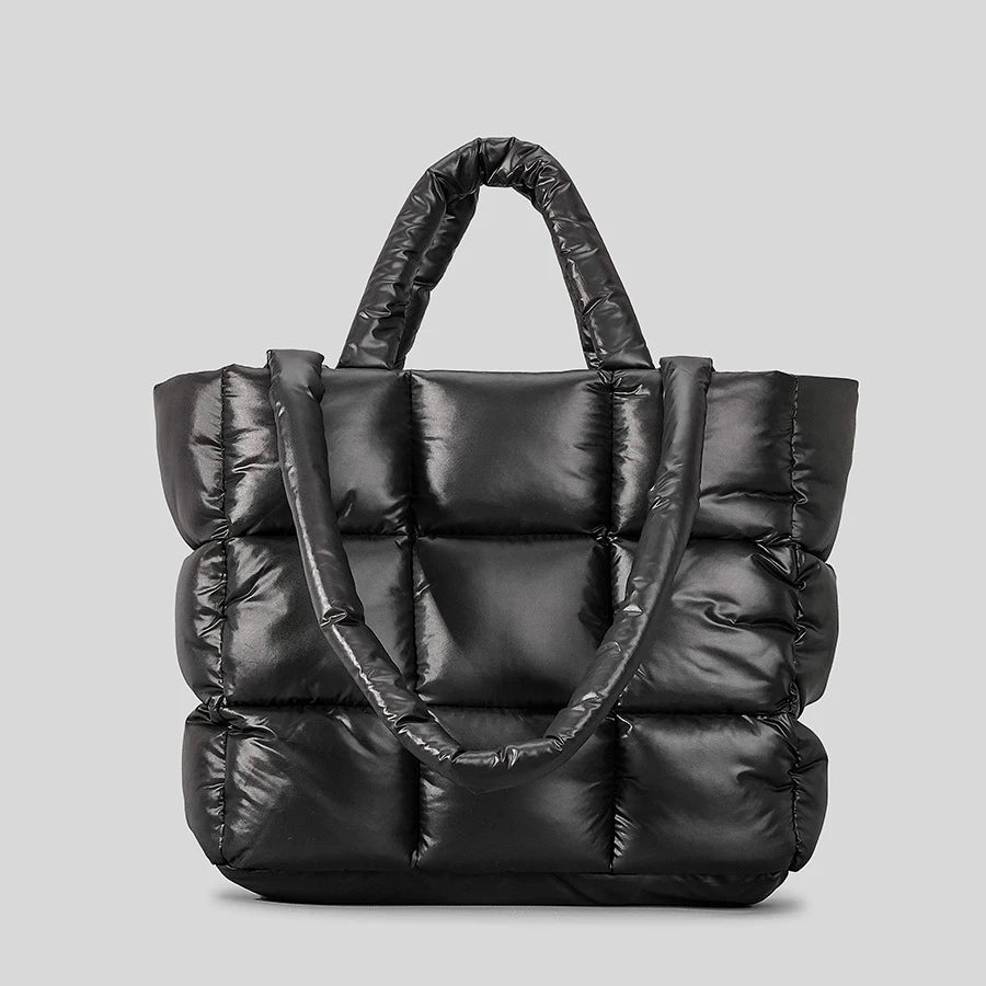 Sacola acolchoada xadrez para mulheres, bolsas inchadas macias, bolsas de ombro de algodão de nylon de luxo, bolsa de inverno quente