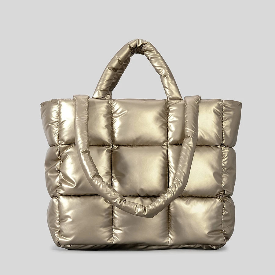 Sacola acolchoada xadrez para mulheres, bolsas inchadas macias, bolsas de ombro de algodão de nylon de luxo, bolsa de inverno quente